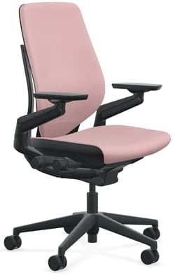 Steelcase Gesture Office Chair - Era Pink Lemonade Fabric, Medium Seat Height, Shell Back, Black on Black Frame, Lumbar Support, and Hard Floor Casters