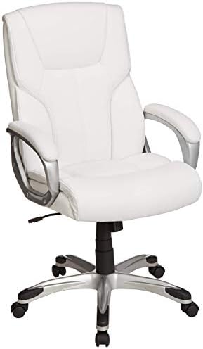 Amazon Basics Executive High Back Office Desk Chair, Adjustable Height, Tilt, Swivel, 275lb Capacity, Bonded Leather, White/Pewter