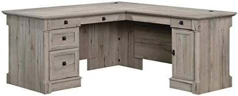 Sauder Palladia L Shaped Desk with Drawers, Office Desk with File Cabinet Storage, Cable Management, Keyboard Tray, in Split Oak finish