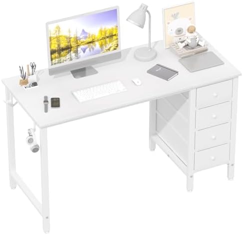 Lufeiya White Computer Desk with Drawers, 47 Inch Reversible Study Work Writing Desk for Home Office Bedroom, Simple Modern Cute PC Desks with Fabric Drawer, White