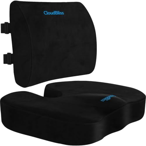 CloudBliss Ergonomic Seat Cushion & Lumbar Support Pillow Set, Black, XL