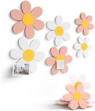 Fluxynara 6 PCS Daisy Felt Flower Wall Decor, Daisy Bulletin Board for Nursery & Girl Room, 3-Size Acoustic Felt Wall Art for Bedroom, Baby’s Room, Kids’ Spaces, Pink/White