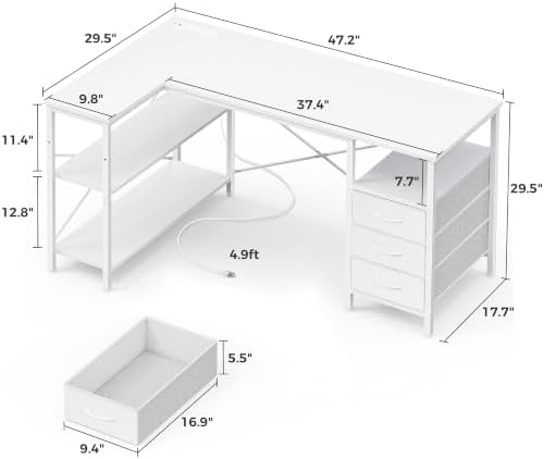 Huuger L Shaped Office Desk with Power Outlets & 3 Drawers