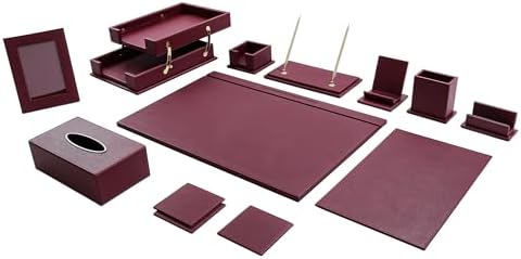 Leather Desk Set,13-Piece Desk Organizer Set, Executive Office Accessories with Desk Pad & Blotter, 2-Tier Tray, Pen Holder & More, Professional Office Desk Decor & Gift Set (Burgundy)