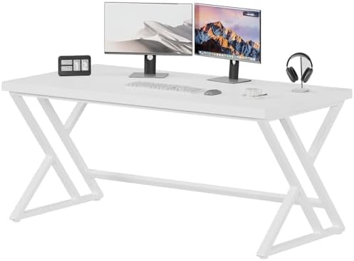 LVB 60 Inch White Modern Computer Office Desk Metal & Wood Writing Desks