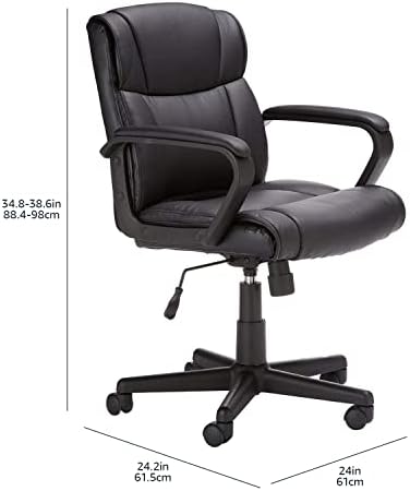 Amazon Basics Office Task Chair with Adjustable Height, 360° Swivel, Padded Armrests, Mid-Back, Rolling, 275 Pound Capacity, 24.2"D x 24"W x 34.8"H, Black Faux Leather