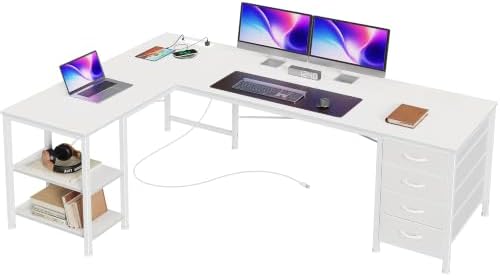 Huuger 55 Inch L Shaped Desk with Fabric Drawers, Reversible Computer Gaming Desk with Power Outlets and USB-C Port, Adjustable Side Storage Shelves, for Work Corner Home Office, White