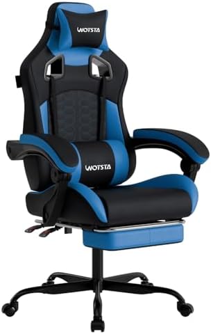 Gaming Chair with Footrest, Gaming Chairs PVC Leather Ergonomic Office Gamer Chair Headrest Lumbar Support Racing Style Video Gaming Chair for Office (Black Blue)