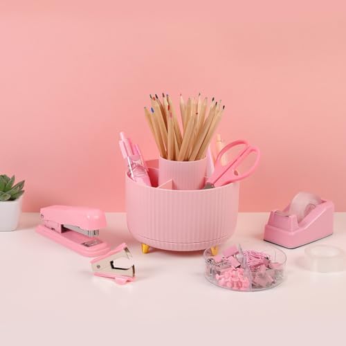 SKYDUE Pink Office Supplies Set, Pencil Holder for Desk,Gel Pen, Stapler, Tape Dispenser, Scissors,Clips and 1000pcs Staples, Office Decor for Women, Pink Desk Accessories
