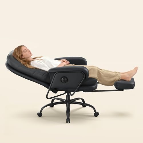 FLEXISPOT 2-in-1 Chaise Lounge Chair Indoor with Wheels Footrest 90-165° Reclining Lumbar Support, Chairs for Living Room Bedroom Study Relaxing Working Sleeping, Black PU Leather, HC4 Basic Back