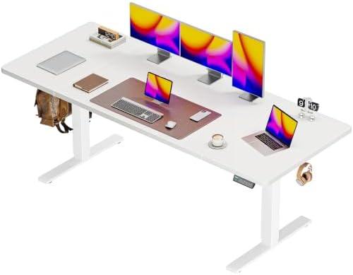 Huuger 71 x 30 Large Electric Standing Desk, Height Adjustable Computer Desk, 29.5" Deep Desktop, Stand up Gaming Office Table with 2 Hooks, 3 Preset Heights, for Home Office, White