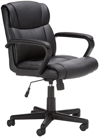 Amazon Basics Office Task Chair with Adjustable Height, 360° Swivel, Padded Armrests, Mid-Back, Rolling, 275 Pound Capacity, 24.2"D x 24"W x 34.8"H, Black Faux Leather