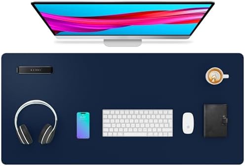 Aothia Leather Desk Pad Protector, Mouse Pad,Office Desk Mat, Non-Slip PU Leather Desk Blotter, Laptop Desk Pad, Waterproof Desk Writing Pad for Office and Home (Dark Blue,36" x 17")