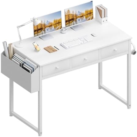 Lufeiya Small White Computer Desk with Drawers for Home Office Bedroom, 40 Inch Vanity Desk with Fabric Drawer Storage and Side Pouch, Study Writing Table, White