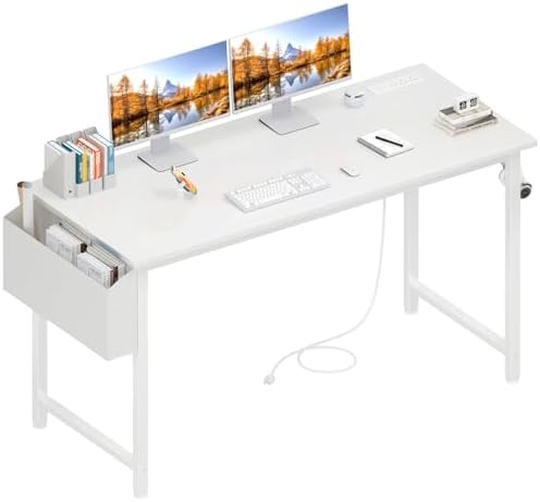 Lufeiya White Computer Desk with Power Outlet, 47 inch Teen Study Table Home Office Work Writing Gaming Desks with Charging Station Outlets Built in, White