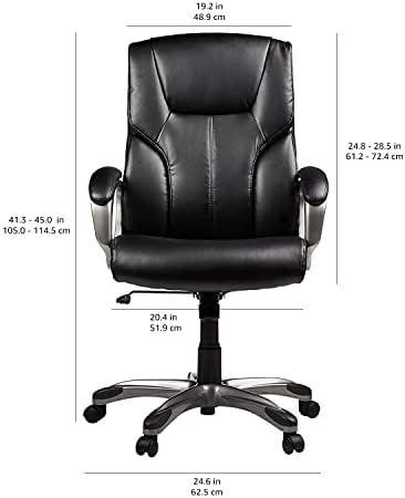 Amazon Basics Executive High Back Office Chair, Adjustable Height, Tilt, Swivel, Padded Seat, Bonded Leather, Wheels, Black/Silver