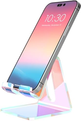 Crpich Acrylic Cell Phone Stand, Portable Phone Holder, Phone Stand for Desk, Compatible with Phone16 15 14 13 12 Pro Max Mini 11, Switch, Android Smartphone, Pad, Tablet, Iridescent Color