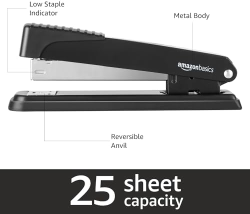 Amazon Basics Full-Strip Metal Office Desktop Stapler, 20 Sheet Capacity, Non-Slip, Black, 3-Pack