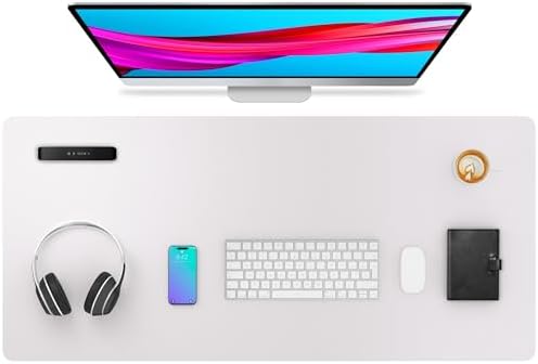 Aothia Large PU Leather Desk Pad Protector – Non-Slip Mouse Pad & Writing Mat for Office/Home, Waterproof, Easy to Clean (36" x 17", Pale Lavender White)