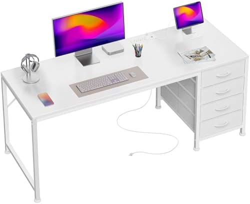 PRAISUN 55.1 Inch Computer Office Desk with Power Outelts and USB-C Port, Reversible Gaming Desk with 4 Fabric Drawers, Work Study Desk Work from Home, White