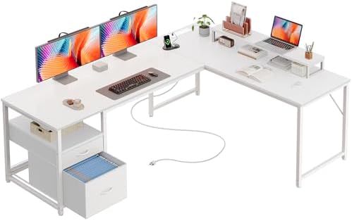 PRAISUN 63 Inch L Shaped Desk with Power Outlets and USB-C Port, Computer Corner Home Office Desk with File Fabric Drawers and Movable Monitor Stand, Larger Storage, Gaming, Writing, Work, White