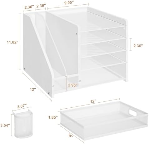 Marbrasse Desk Organizer with File Holder, 5-Tier Paper Letter Tray Organizer with Drawer and 2 Pen Holder, Mesh Desktop Organizer and Storage with Magazine Holder for Office Supplies (Wood-White)