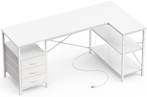 Huuger L Shaped Office Desk with Power Outlets & 3 Drawers
