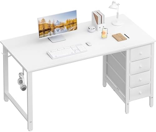 Lufeiya White Computer Desk with Drawers - 55 Inch Long Study Work Writing Desk for Home Office Bedroom, Reversible Simple Modern Cute PC Desks with Fabric Drawer, White