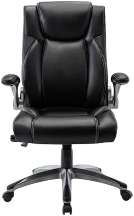 COLAMY Ergonomic Office Chair, High Back Leather Desk Chair with Adjustable Lumbar Knob, Thick Cushion Seat, Flip-up Armrests, Rocking Function, Computer Chair for Home Office, Black