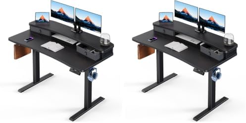 HUANUO 48″ x 24″ Electric Standing Desk with 2 Drawers, C-Clamp Mount Compatible, Height Adjustable Computer Desk, Home Office Stand Up Desk with 4 Preset Heights & 2 Hooks, Black (Pack of 2)