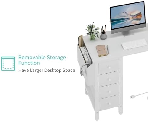 Lufeiya White L Shaped Computer Desk with Drawers & Storage Shelves, 47 Inch Corner Reversible Desk with Power Outlet for Home Office Bedroom, L-Shaped Teen PC Desks with Fabric Drawer, White