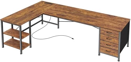 Huuger 63 Inch L Shaped Desk with Fabric Drawers, Computer Office Desk with Power Outlets and USB-C Port, Corner Desk with Storage Shelves, Work Study Home Office, Reversible, Rustic Brown