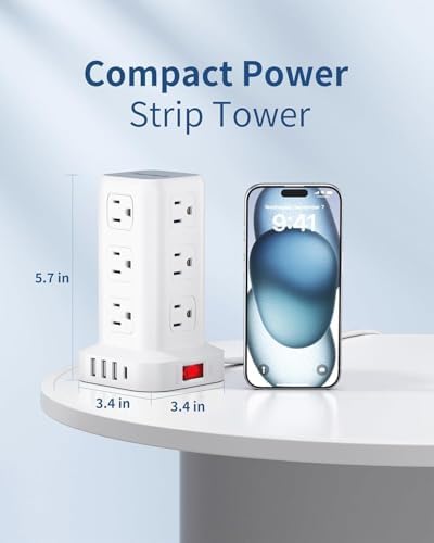 Extension Cord with Multiple Outlets, SMALLRT Flat Plug Power Strip Tower, Power Bars with USB 12 AC Outlets, 16.5FT Ultra Thin Extension Cord for Home Office, Overload Protection
