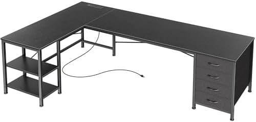 Huuger 63 Inch L Shaped Desk with Fabric Drawers, Reversible Computer Gaming Desk with Power Outlets and USB-C Port, Adjustable Side Storage Shelves, for Work Study Corner Home Office, Black