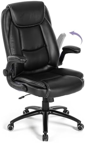 300lbs Capacity Executive Desk Chair with Ergonomic Lumbar Support, Flip-up Arms & High Back Leather Computer Chair for Home/Office, Black