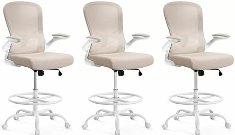 ErGear Drafting Chair,Tall Office Chair with Flip-Up Armrests, High Desk Chair Adjustable Height and Adjustable Footrest Ring, Ergonomic Standing Desk Chair with Lumbar Support, Khaki,3 Pack