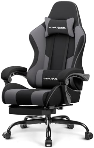 GTPLAYER Gaming Chair, Computer Chair with Footrest and Lumbar Support, Height Adjustable Game Chair with 360°-Swivel Seat and Headrest and for Office or Gaming (Darkgray, Fabric)