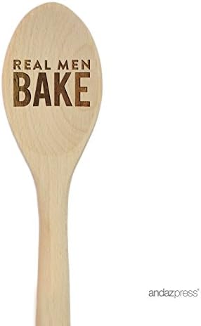Andaz Press Laser Engraved Wooden Mixing Spoon, 12-inch, Real Men Bake, 1-Pack, Wood Father's Day Dad Grandpa Christmas Cooking Baking Gifts