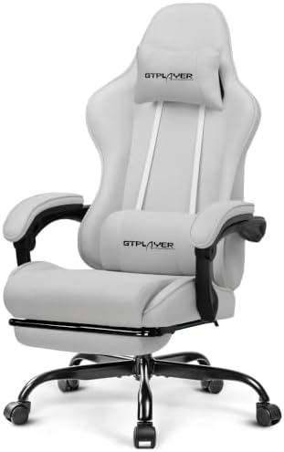 GTPLAYER Gaming Chair, Computer Chair with Footrest and Lumbar Support, Height Adjustable Game Chair with 360°-Swivel Seat and Headrest and for Office or Gaming (All Light Gray-Fabric)