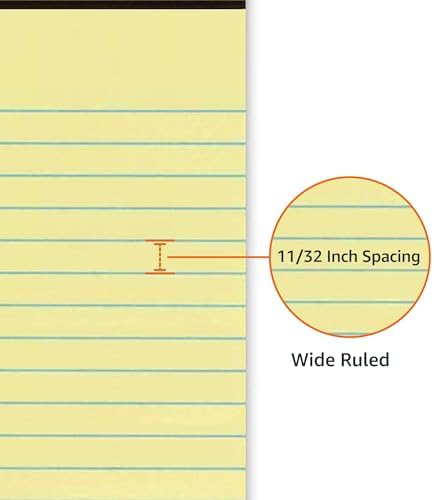 Amazon Basics Wide Ruled Lined Writing Pads, 8.5" x 11.75", Canary, 12-Pack of 50 Perforated Sheets, Sturdy Backing