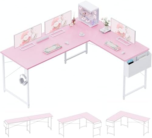 Pamray 64.5 Inch Reversible L Shaped Gaming Desk Large Corner Computer Desk with Storage Bag Home Office Table for Writing Study Pink