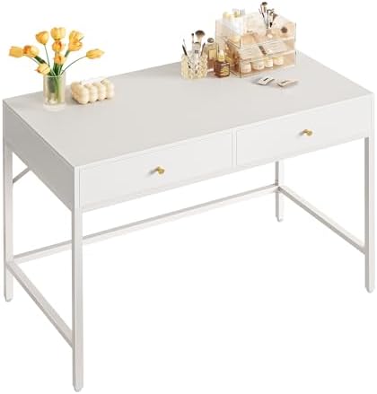 SUPERJARE 39.4" White Desk with 2 Drawers, Modern Makeup Vanity Desk