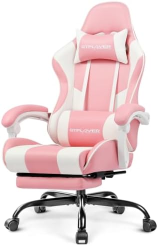 GTPLAYER Gaming Chair, Computer Chair with Footrest and Lumbar Support, Height Adjustable Game Chair with 360°-Swivel Seat and Headrest and for Office or Gaming (Faux Leather, Pink)