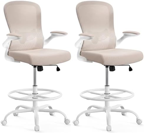 ErGear Drafting Chair,Tall Office Chair with Flip-Up Armrests, High Desk Chair Adjustable Height and Adjustable Footrest Ring, Ergonomic Standing Desk Chair with Lumbar Support, Khaki,2 Pack