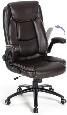 300lbs Capacity Executive Desk Chair with Ergonomic Lumbar Support, Flip-up Arms & High Back Leather Computer Chair for Home/Office, Brown