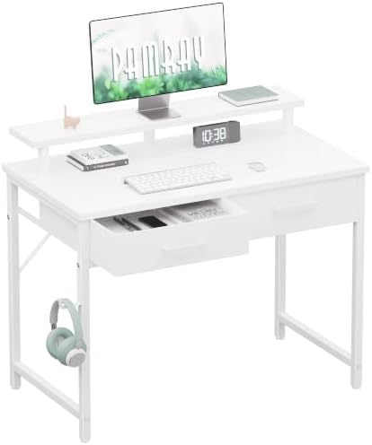 Pamray 32 Inch Small Computer Desk with Monitor Stand and 2 Drawers