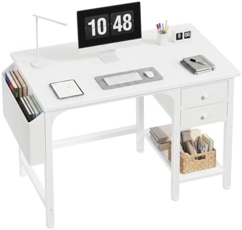 Lufeiya White Small Desk with Drawers - 40 Inch Computer Desk for Small Space Home Office, Modern Simple Study Writing Table PC Desks