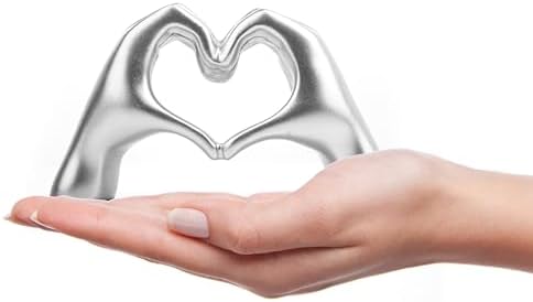 Small Heart Hands Sculpture Decor for Living Room Bedroom Bookshelf Coffe Table and Office Display, Love Finger Statue Modern Aesthetic Home Decor, Unique Gift for Wedding Christmas Birthday (Silver)
