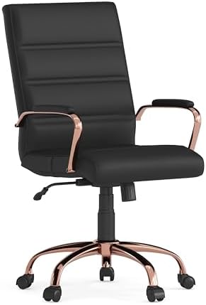 Flash Furniture Mid-Back Black LeatherSoft Executive Swivel Office Chair with Rose Gold Frame and Arms
