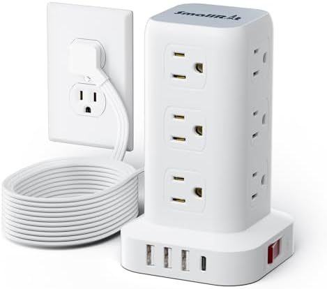 Extension Cord with Multiple Outlets, SMALLRT Flat Plug Power Strip Tower, Power Bars with USB 12 AC Outlets, 16.5FT Ultra Thin Extension Cord for Home Office, Overload Protection